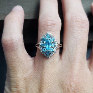 Size 7 Sterling Silver Beautiful Blue And Clear Cubic Zirconia Ring
